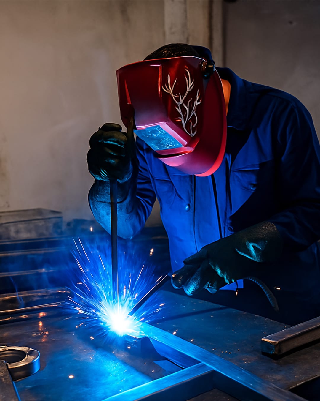 soldadura-mig-estructura-metalica-metaloide-antioquia-V Técnico realizando soldadura MIG con casco rojo en taller industrial de Metaloide, en Antioquia, Colombia.